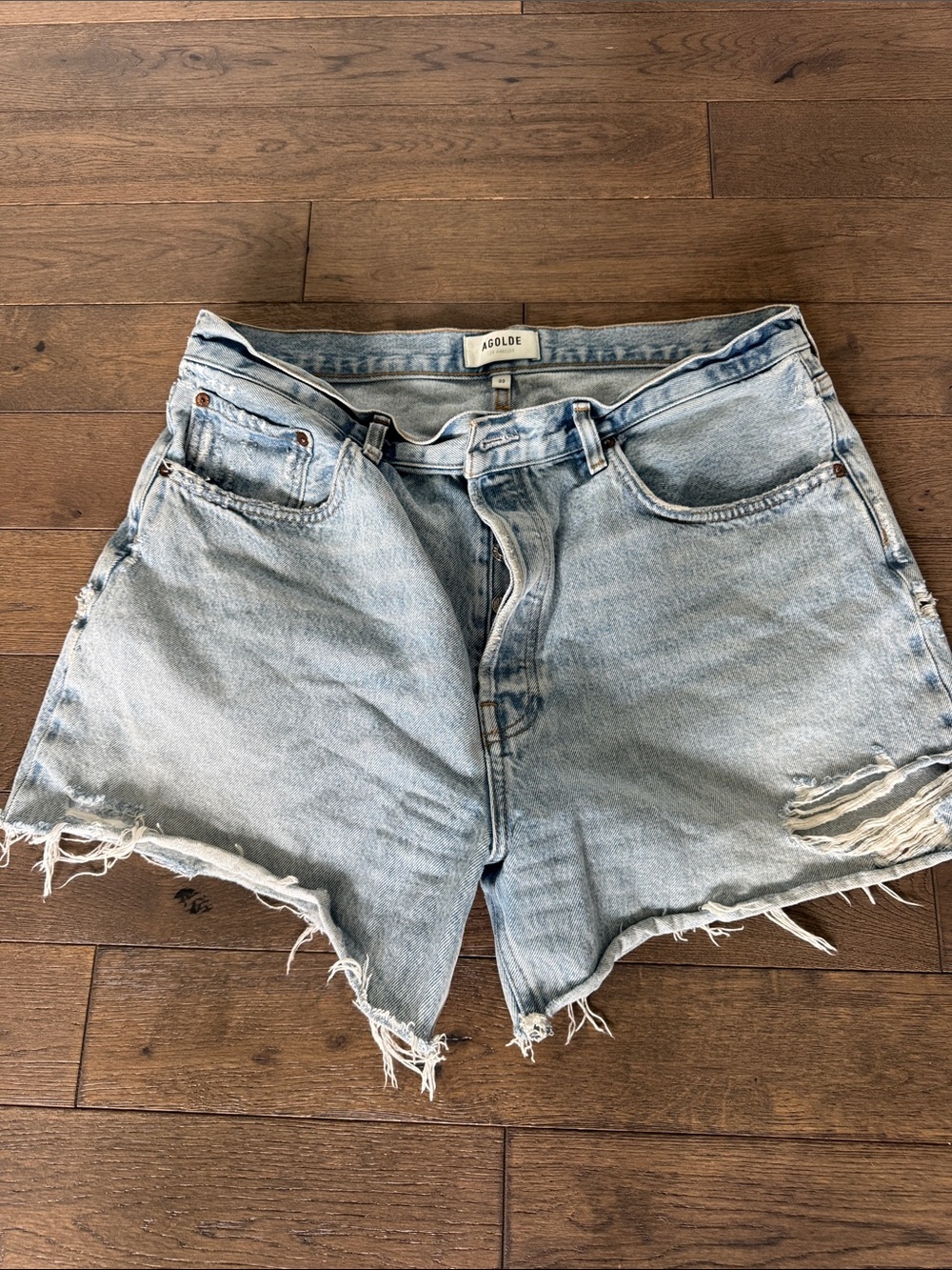 Agolde Light Wash Distressed High-Rise Denim Shorts